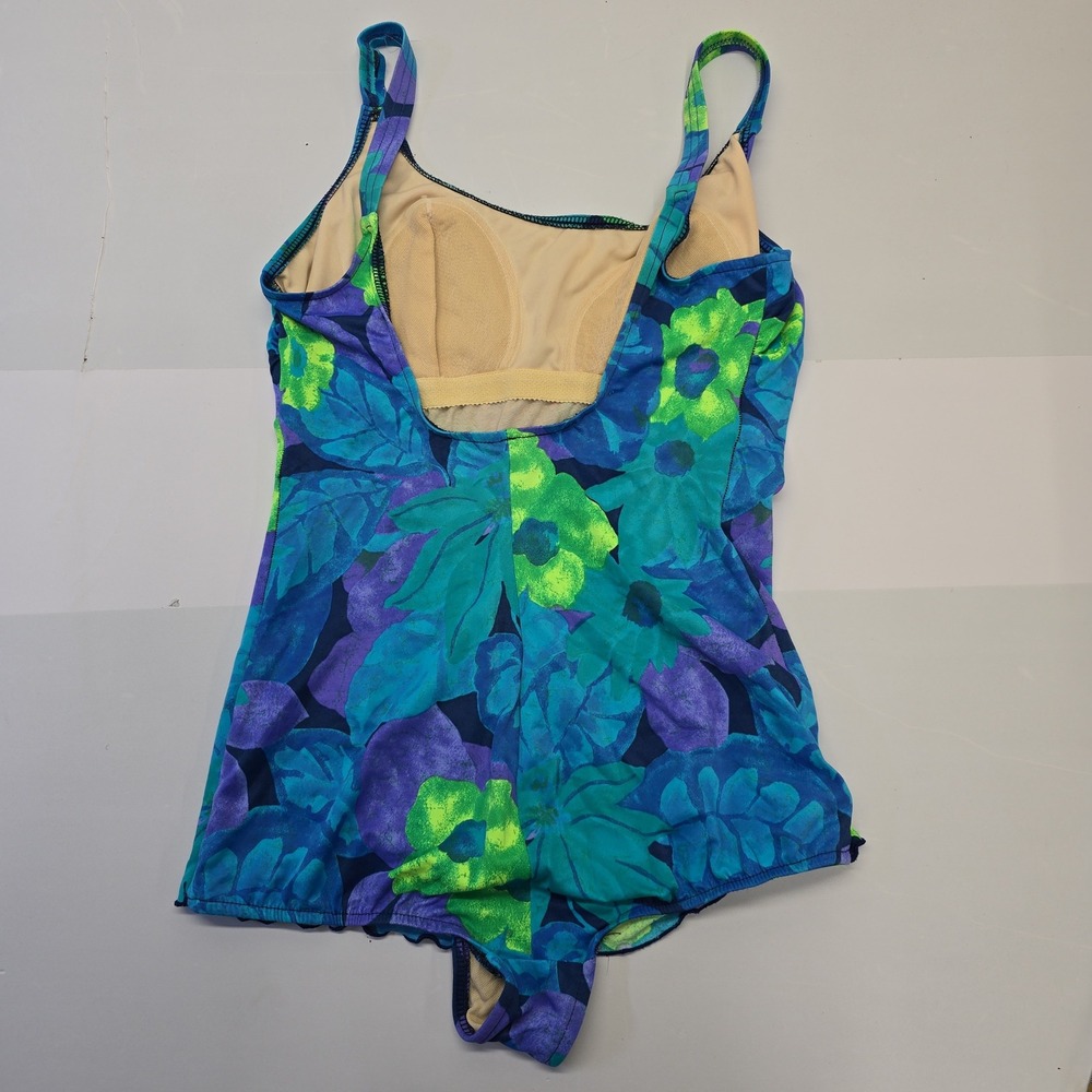 Basic Editions Vintage Floral Swimdress Blue Purple Green One Piece Size 13/14 - Picture 2 of 8